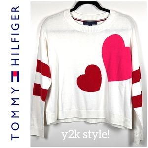 Vintage Tommy Hilfiger Heart Sweater Women's Small, White Pink Red, Crew Neck